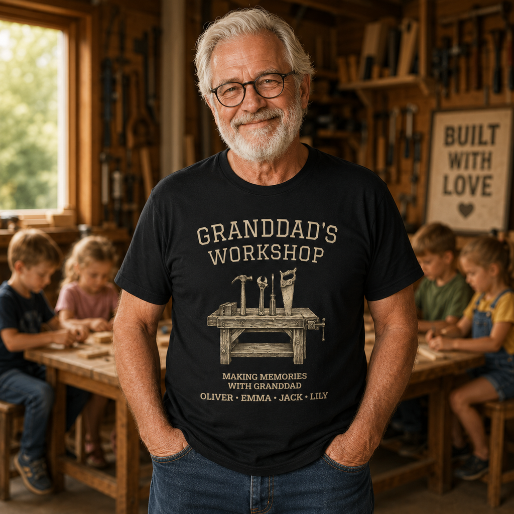 Personalized Granddad's Workshop T-Shirt with Grandkids' Names