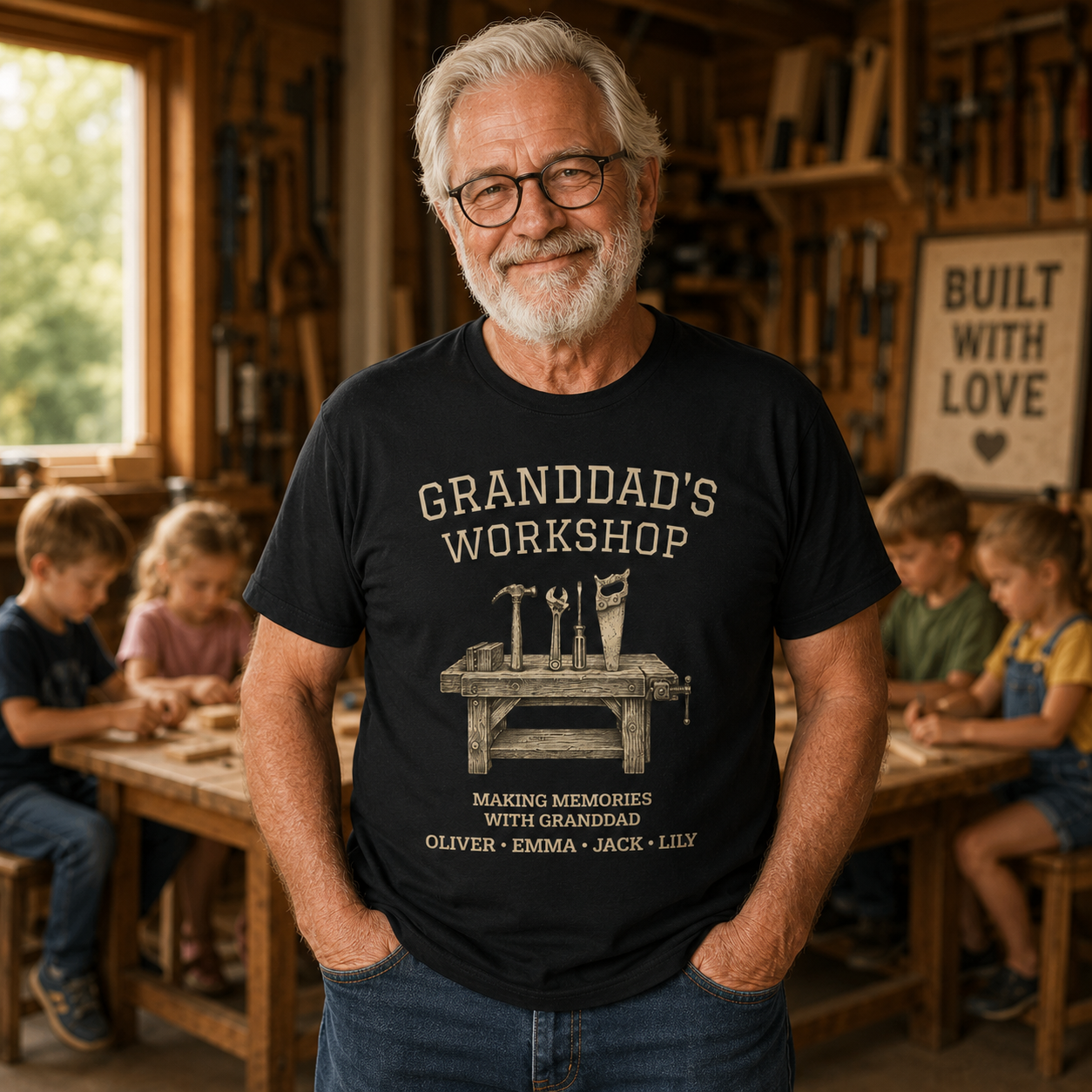 Personalized Granddad's Workshop T-Shirt with Grandkids' Names