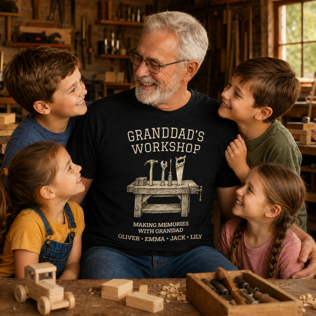 Personalized Granddad's Workshop T-Shirt with Grandkids' Names