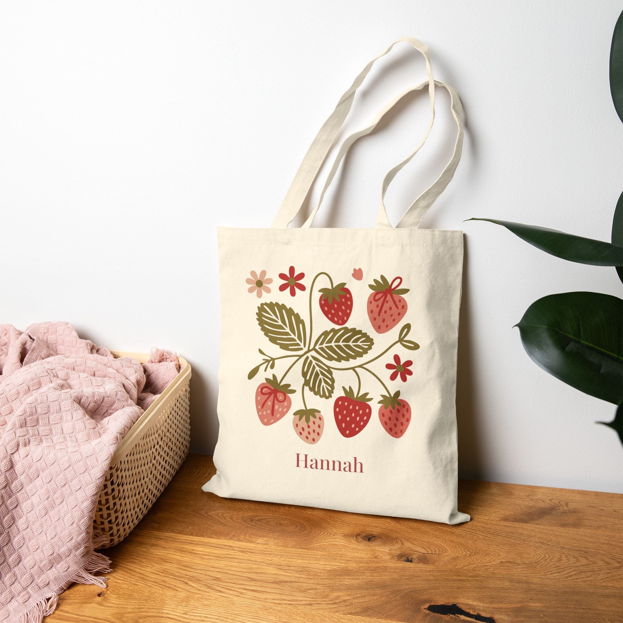 Personalized tote bag hanging in home setting