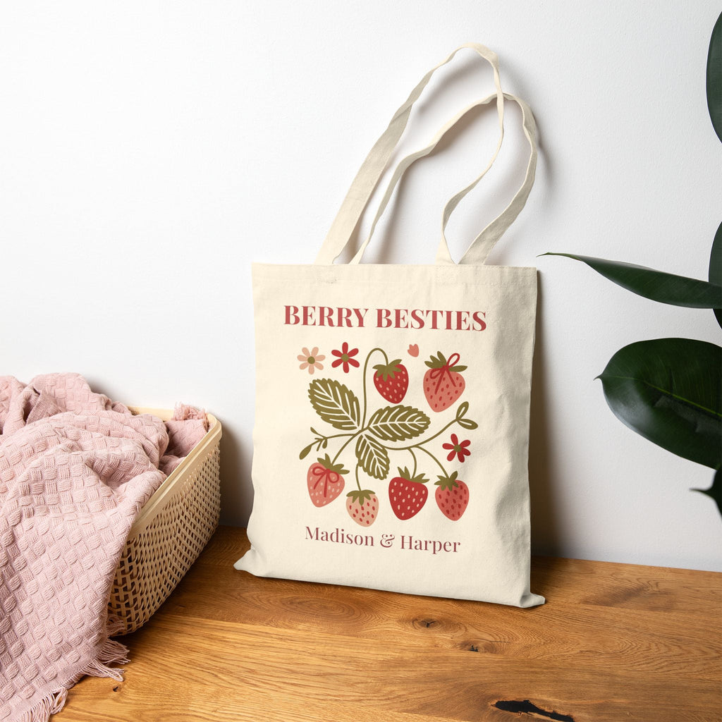 Berry Besties friendship tote bag displayed in home setting