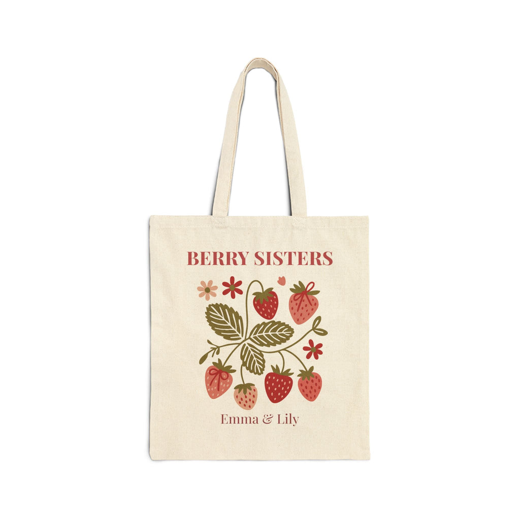 Berry Sisters personalized tote bag with two custom names on natural canvas