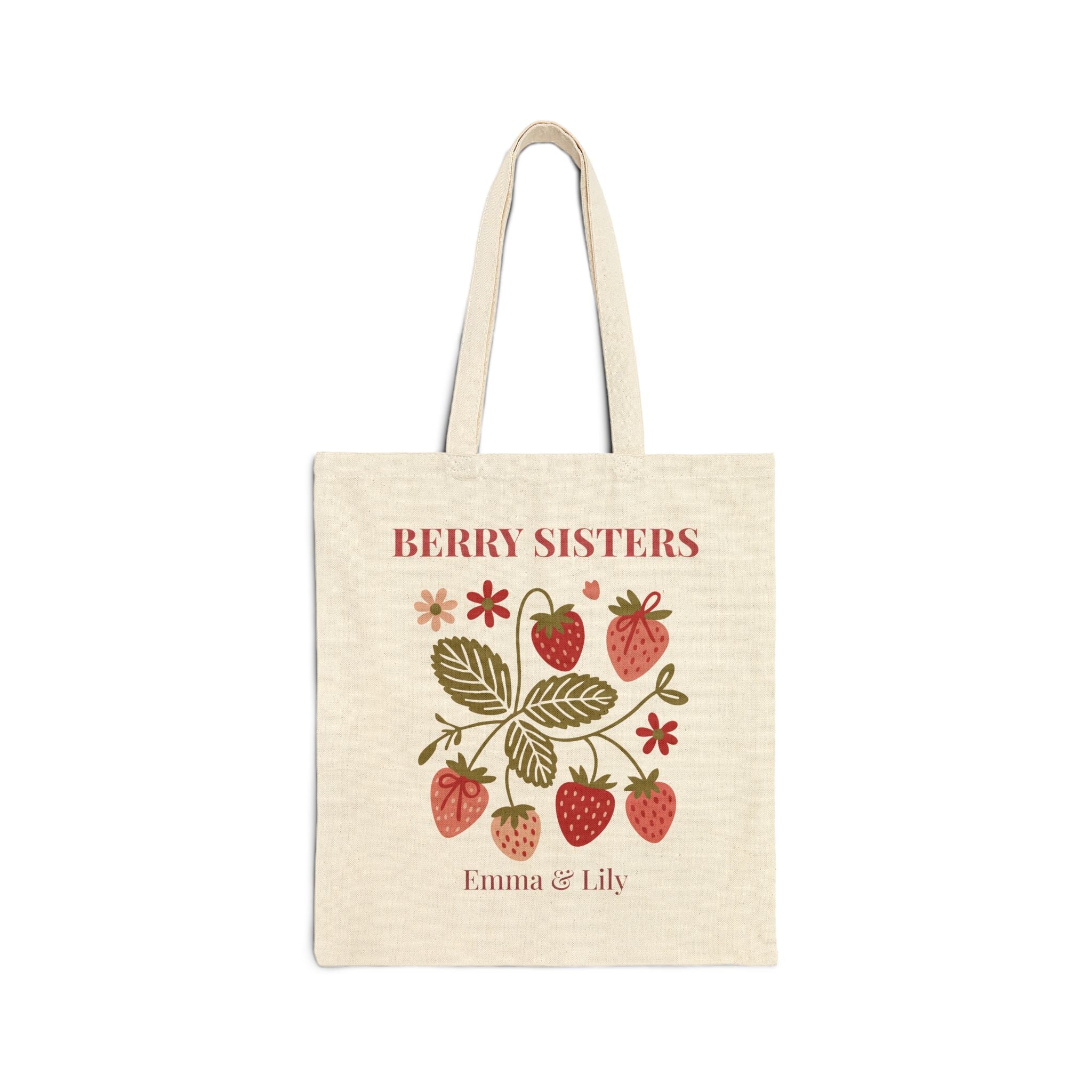 Berry Sisters personalized tote bag with two custom names on natural canvas