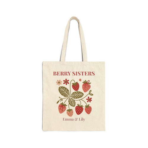 Berry Sisters personalized tote bag with two custom names on natural canvas