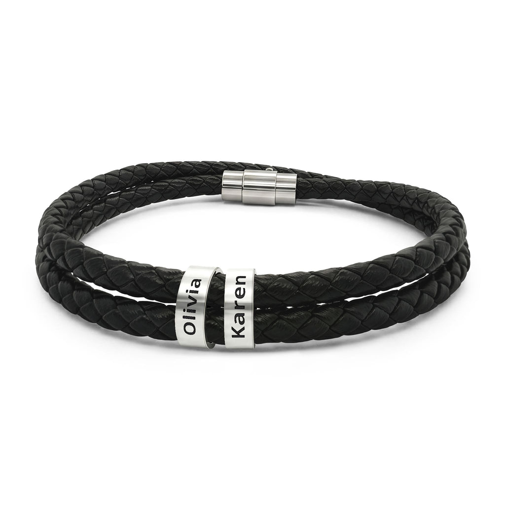 Personalized twins leather bracelet with two kids names engraved