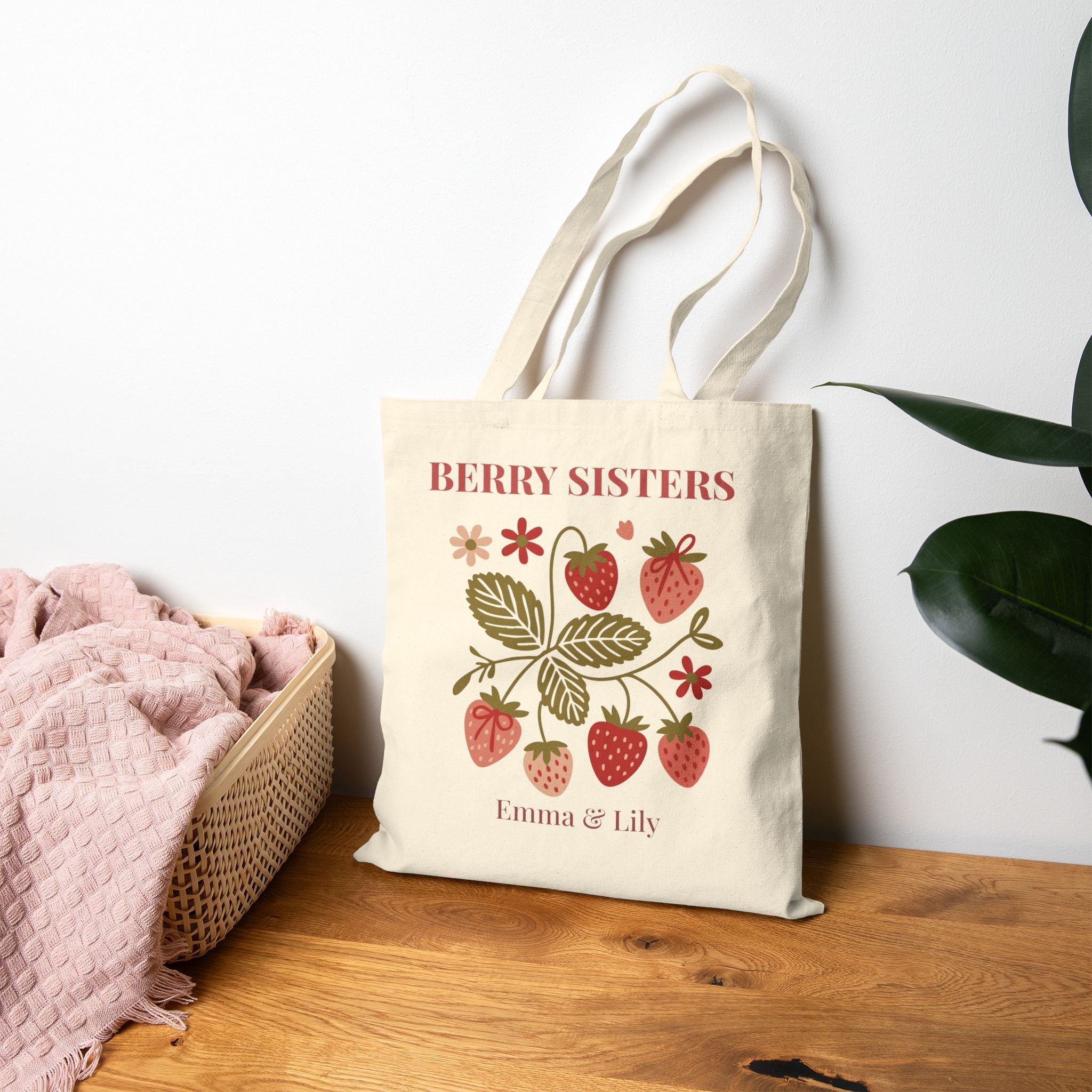 Berry Sisters sister gift tote bag displayed in home setting