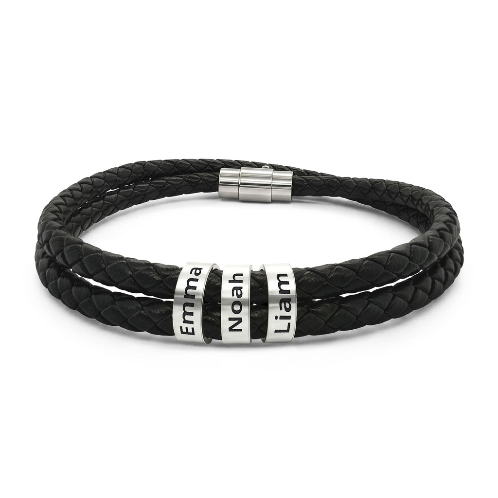 Personalized family leather bracelet with three kids names engraved