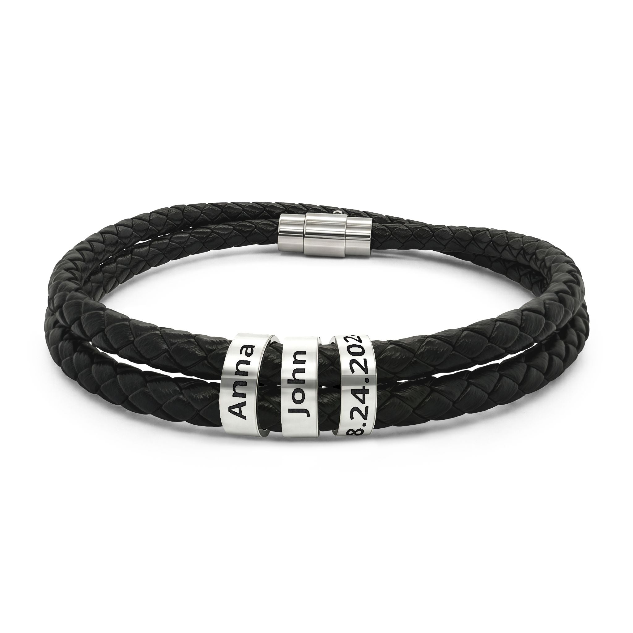 Personalized couple leather bracelet with engraved names and date