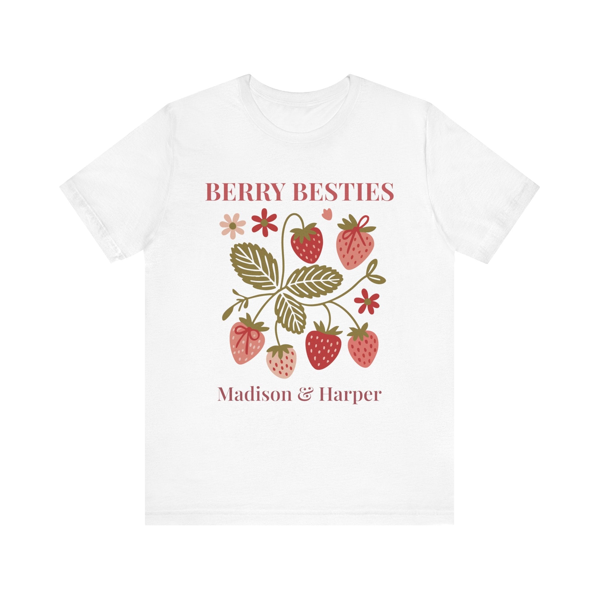 Berry Besties personalized t-shirt with strawberry design and two custom names Madison and Harper