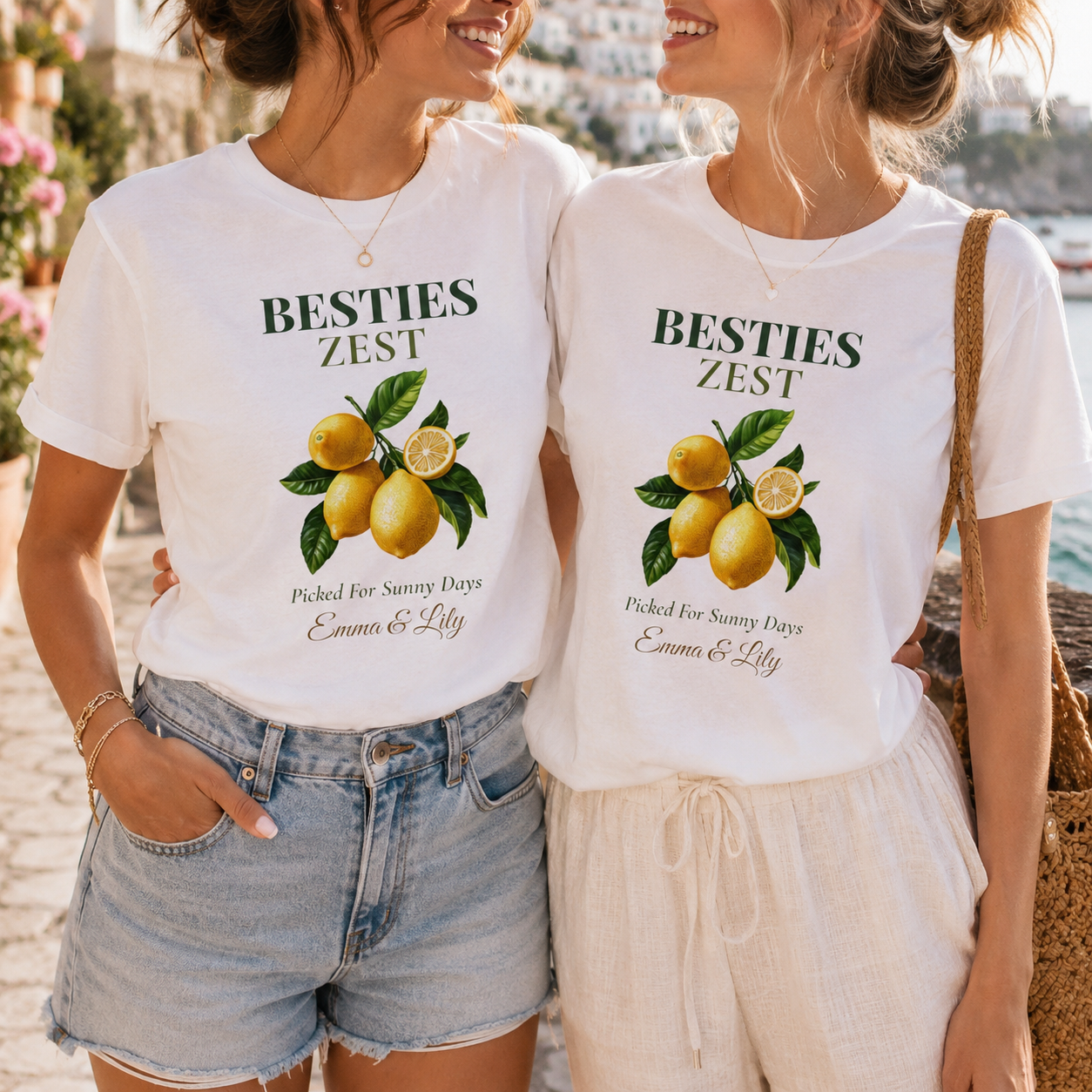 Besties Zest personalized t-shirt shown folded flat