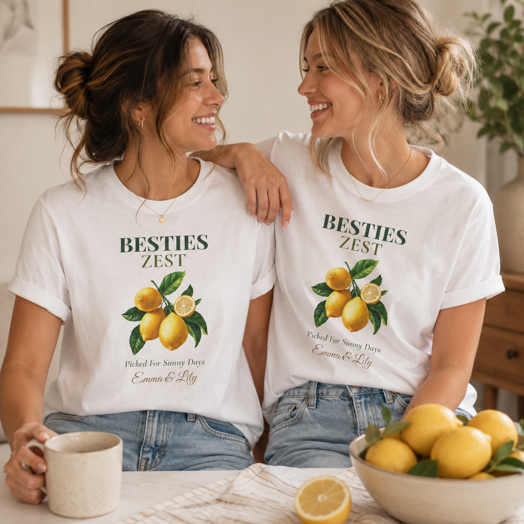 Besties Zest personalized tee shown on a model