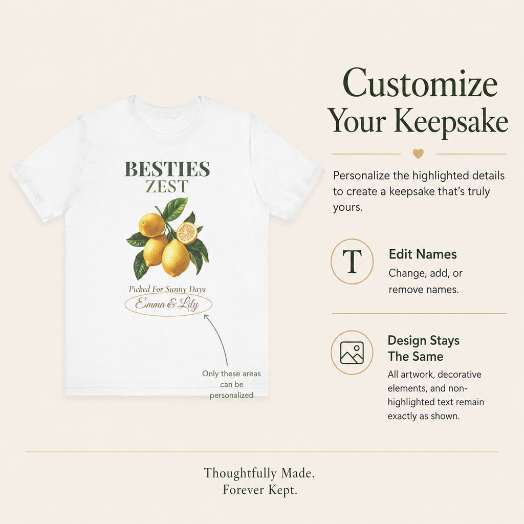 Detail of the personalized text on the Besties Zest tee