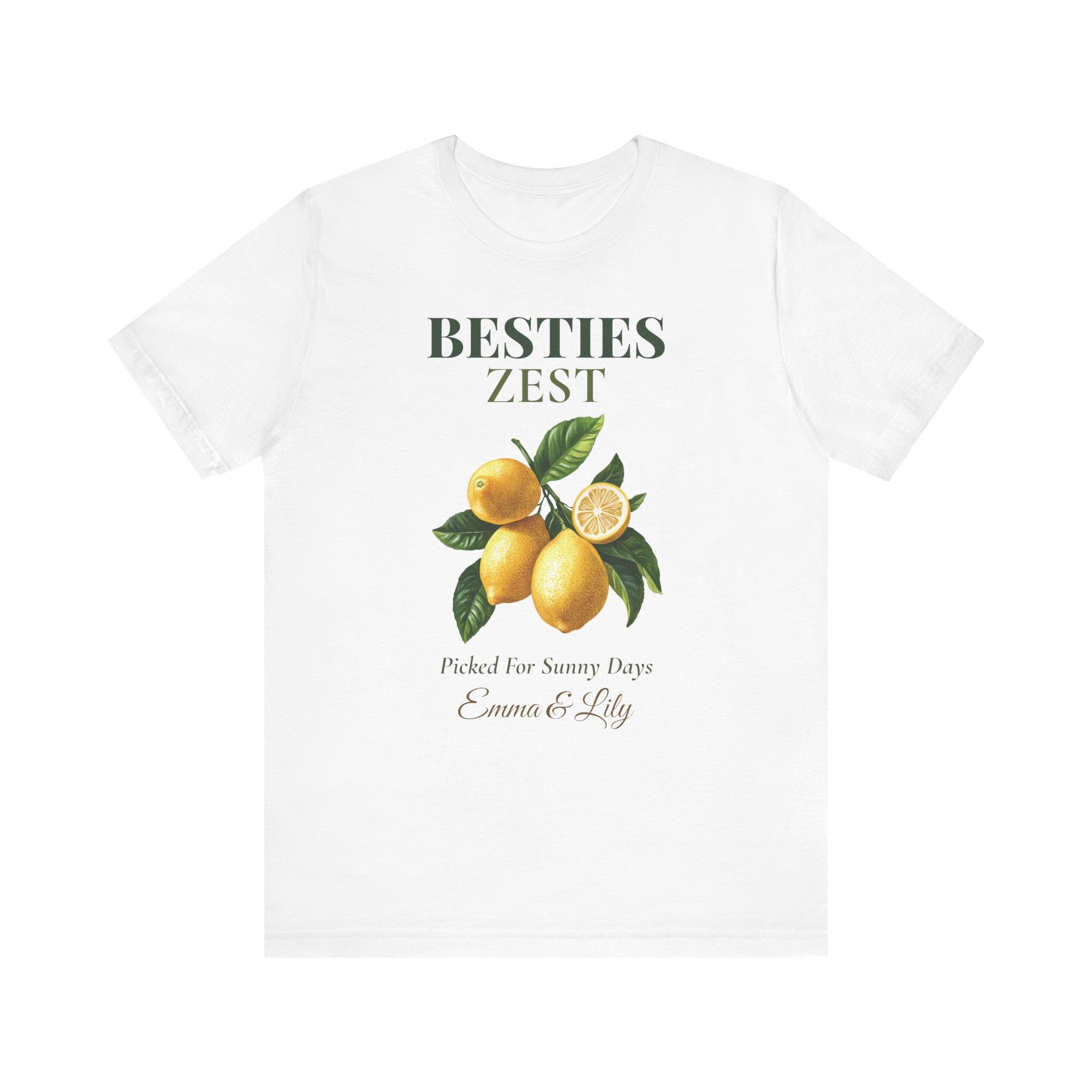 Personalized Besties Zest t-shirt with a watercolour lemon design, 'Picked For Sunny Days' and two best friends' names
