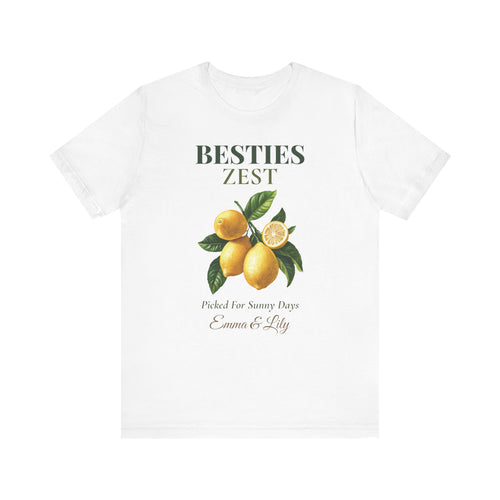 Personalized Besties Zest t-shirt with a watercolour lemon design, 'Picked For Sunny Days' and two best friends' names