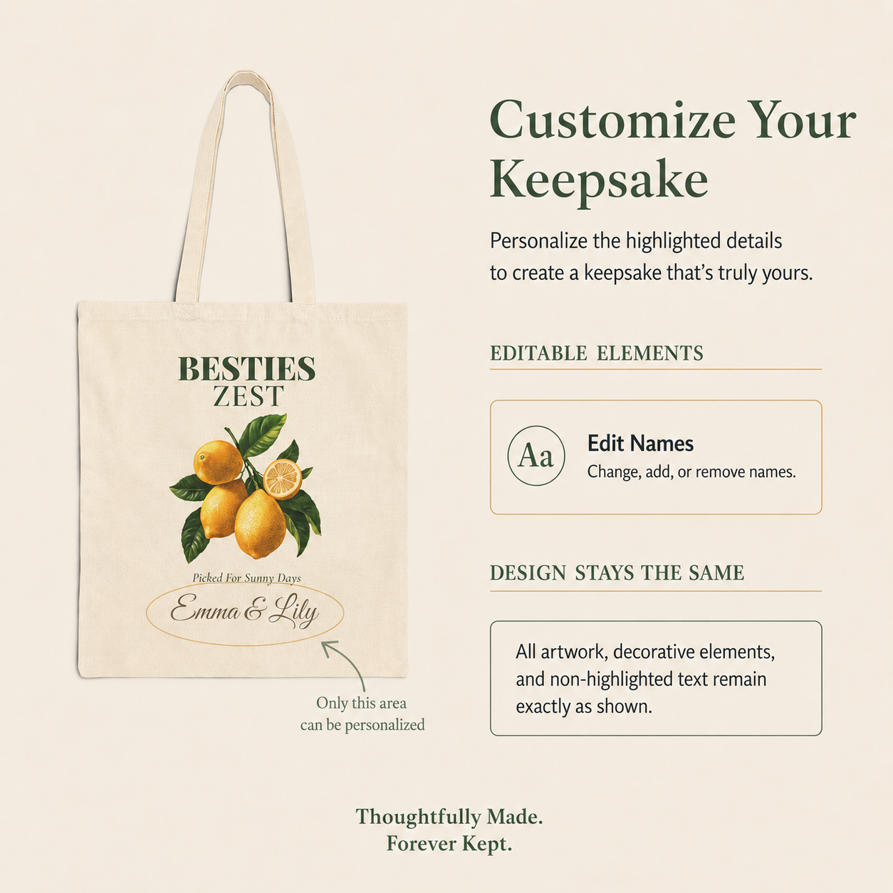 Besties Zest personalized cotton tote bag shown flat