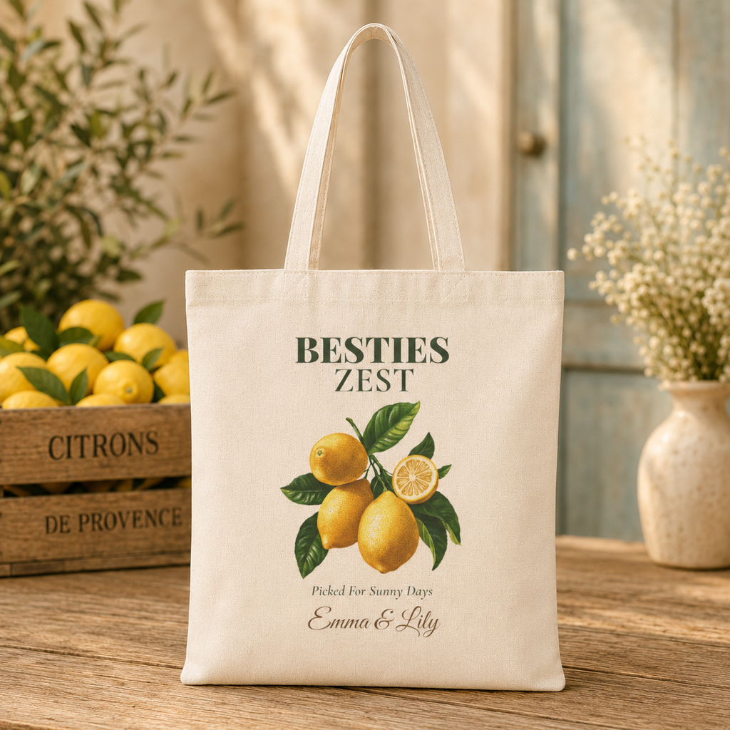 Besties Zest personalized tote bag shown held by the handles