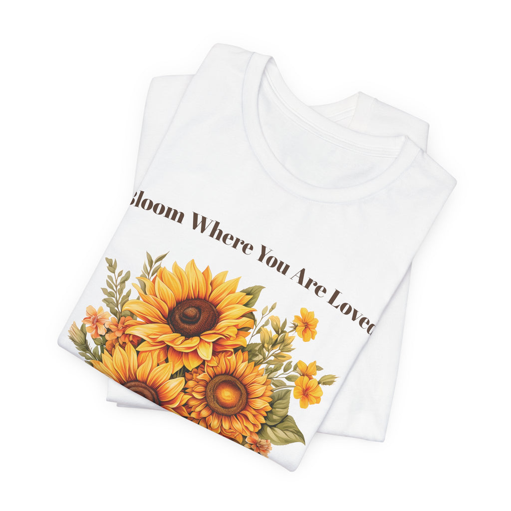 Close-up of the Bloom Where You Are Loved sunflower print design