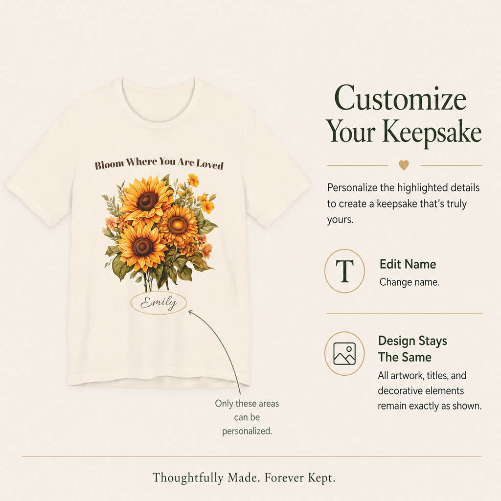 Bloom Where You Are Loved personalized tee displayed on a hanger