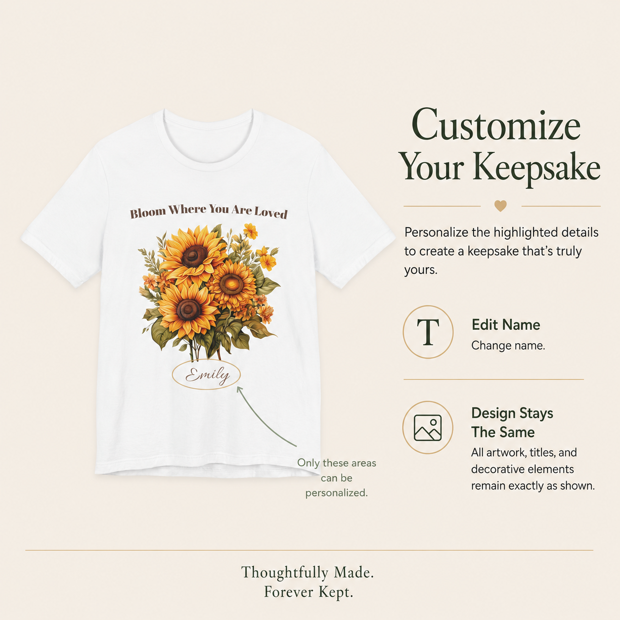Detail of the personalized text on the Bloom Where You Are Loved tee