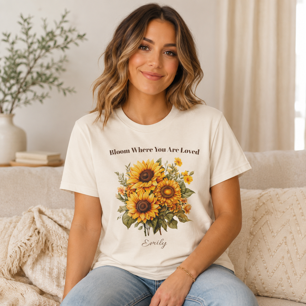 Bloom Where You Are Loved t-shirt size and fit guide