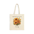 Personalized 'Bloom Where You Are Loved' sunflower natural canvas tote with a custom name