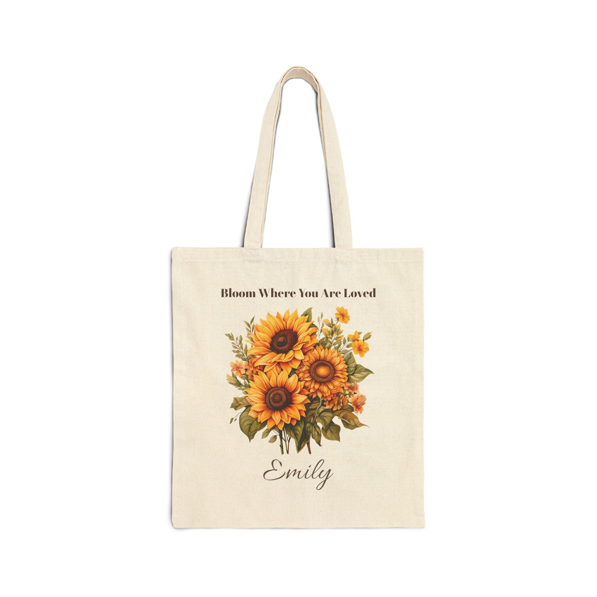 Personalized 'Bloom Where You Are Loved' sunflower natural canvas tote with a custom name