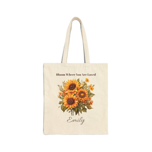 Personalized 'Bloom Where You Are Loved' sunflower natural canvas tote with a custom name