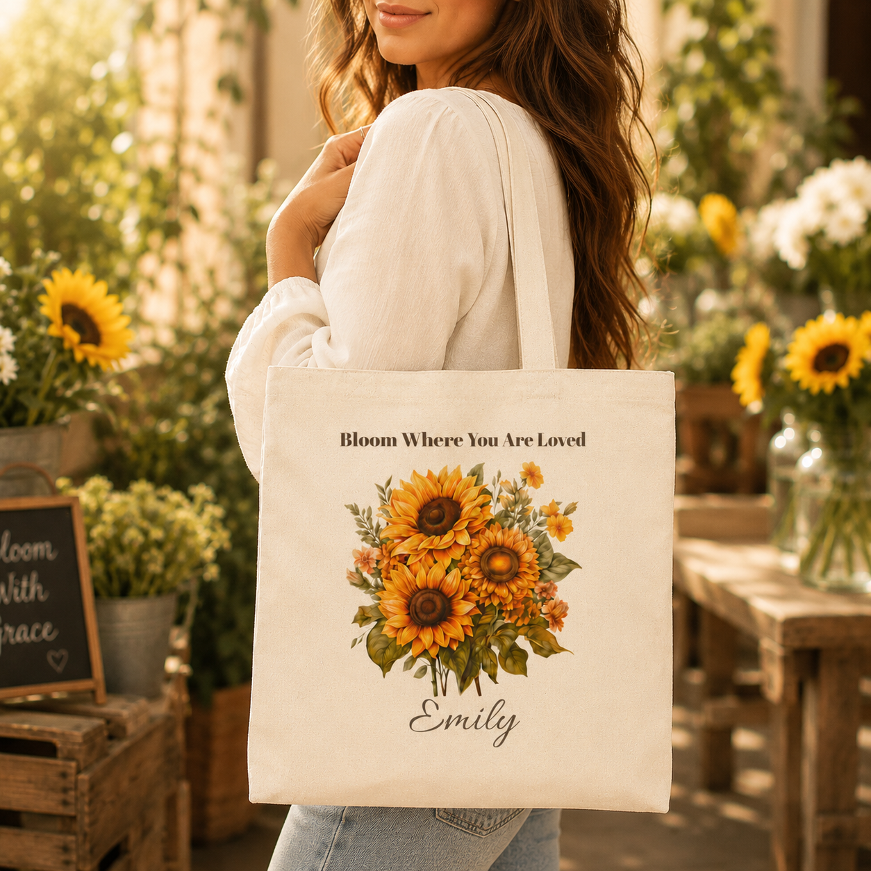 Close-up of the sunflower print on the Bloom Where You Are Loved tote bag