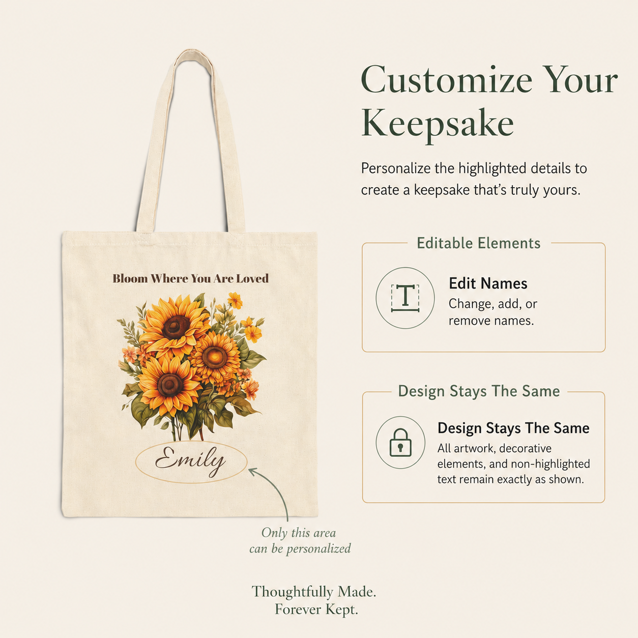 Bloom Where You Are Loved personalized cotton tote bag shown flat