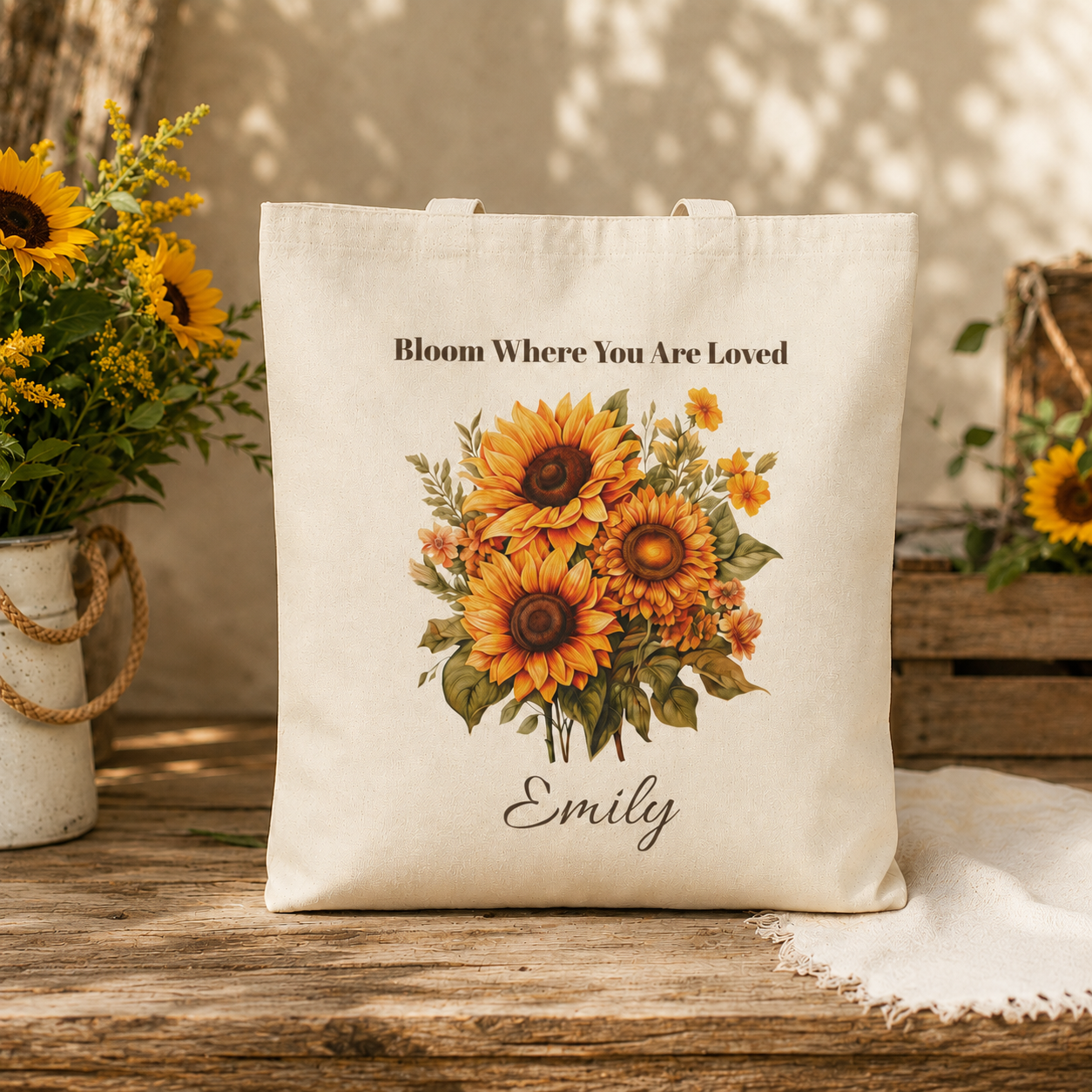Bloom Where You Are Loved personalized tote bag shown held by the handles