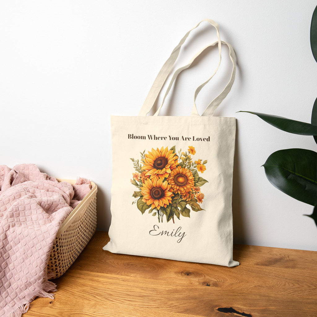 Bloom Where You Are Loved natural canvas tote styled for a market trip