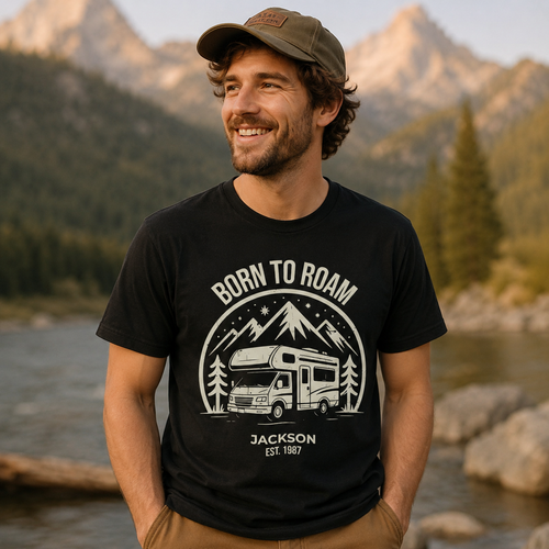 Back view of Born to Roam personalized camper t-shirt in black