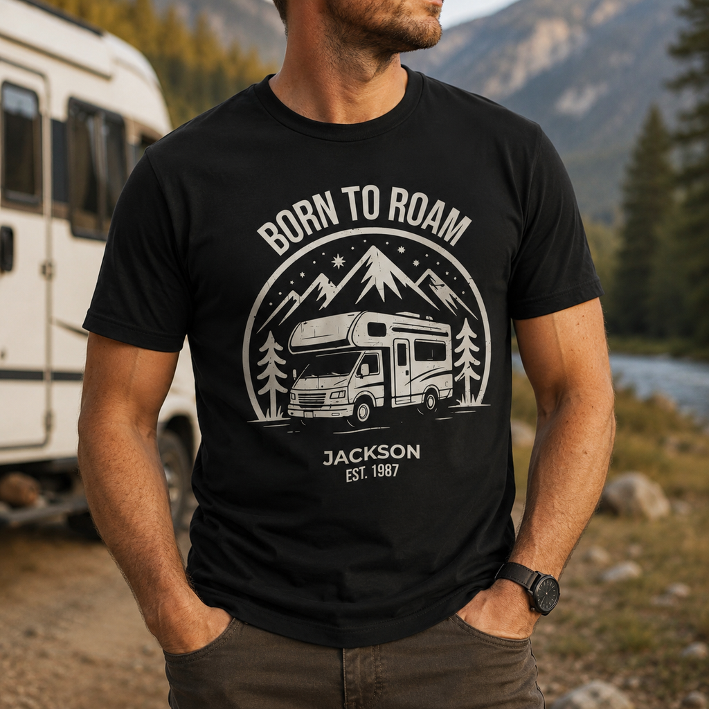 Close-up of Born to Roam camper van graphic and personalized name print