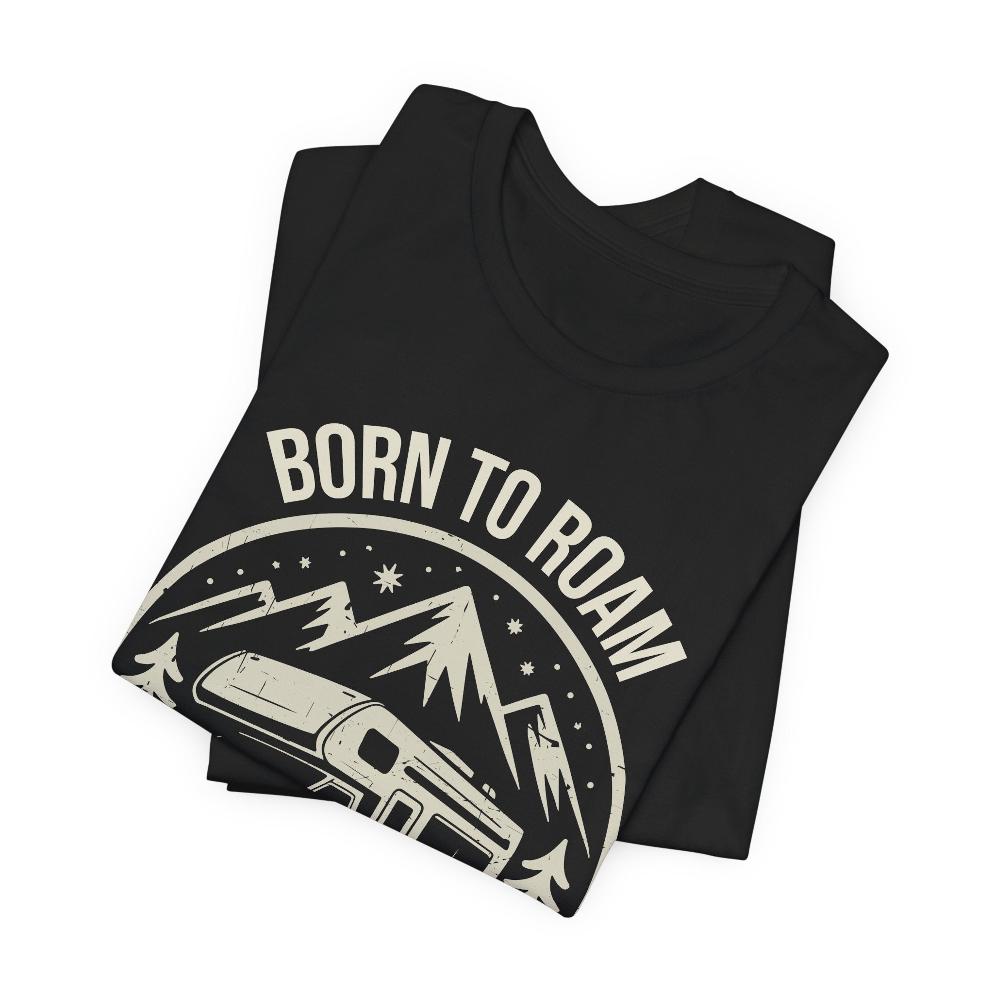 Model wearing black Born to Roam personalized camper t-shirt outdoors