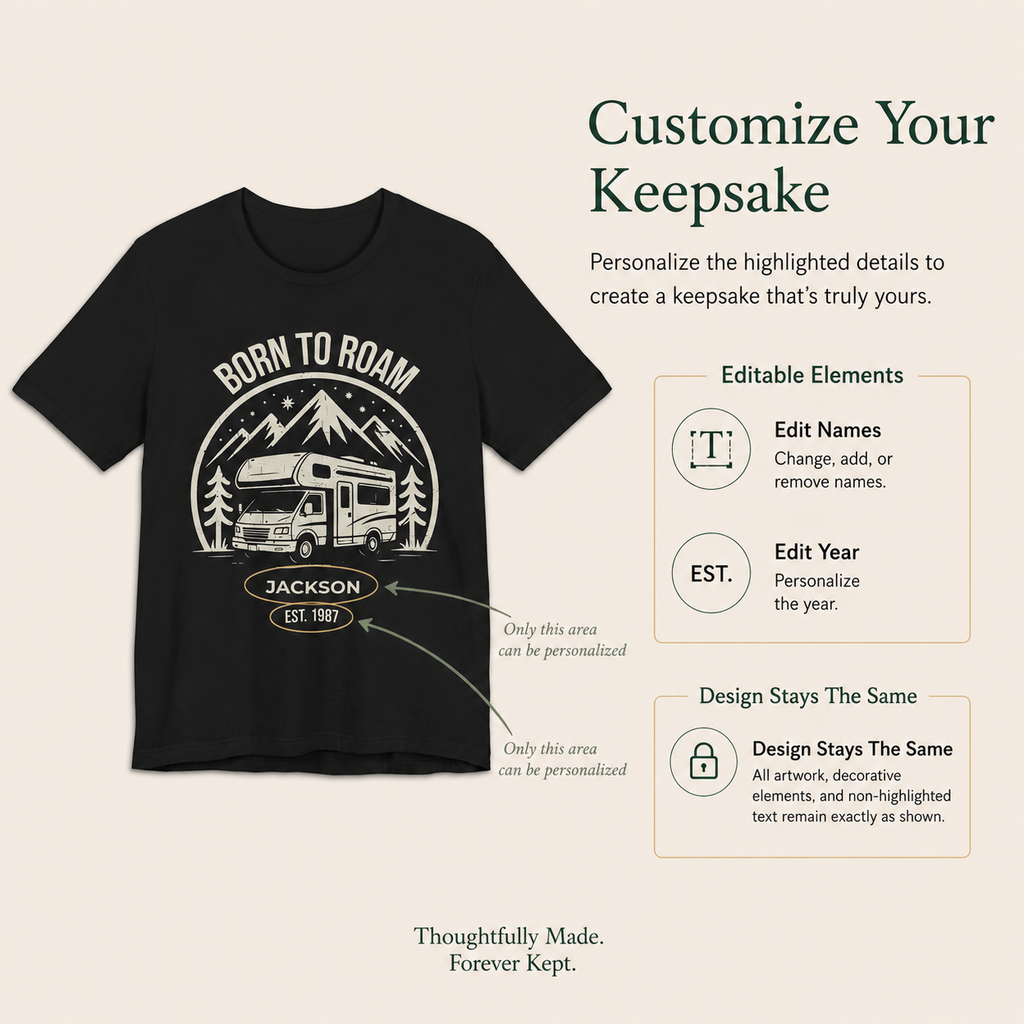 Born to Roam camper t-shirt color and size option chart