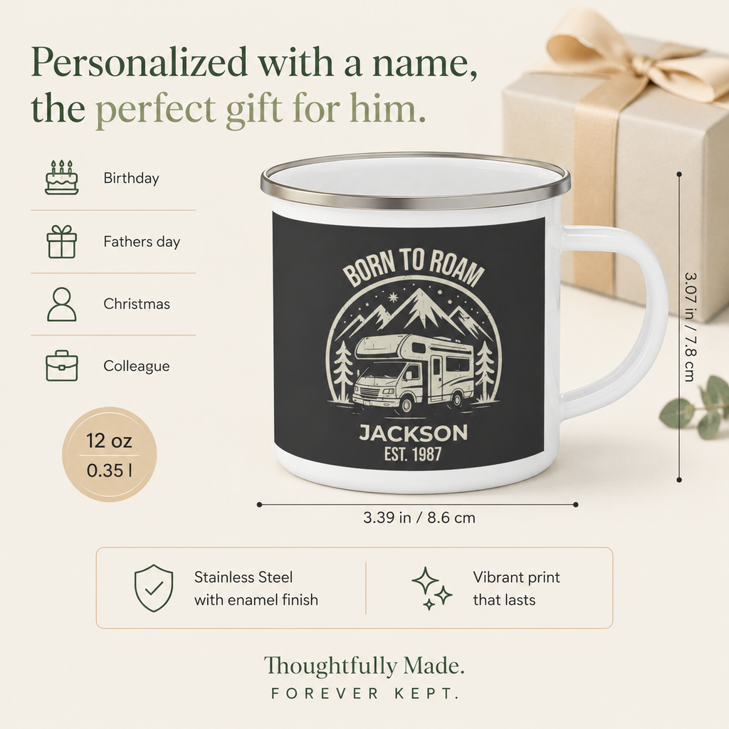 Close-up of the Born to Roam mug enamel finish and metal rim