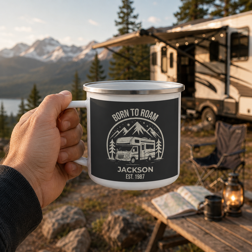 Personalized name and year customization preview on the Born to Roam mug