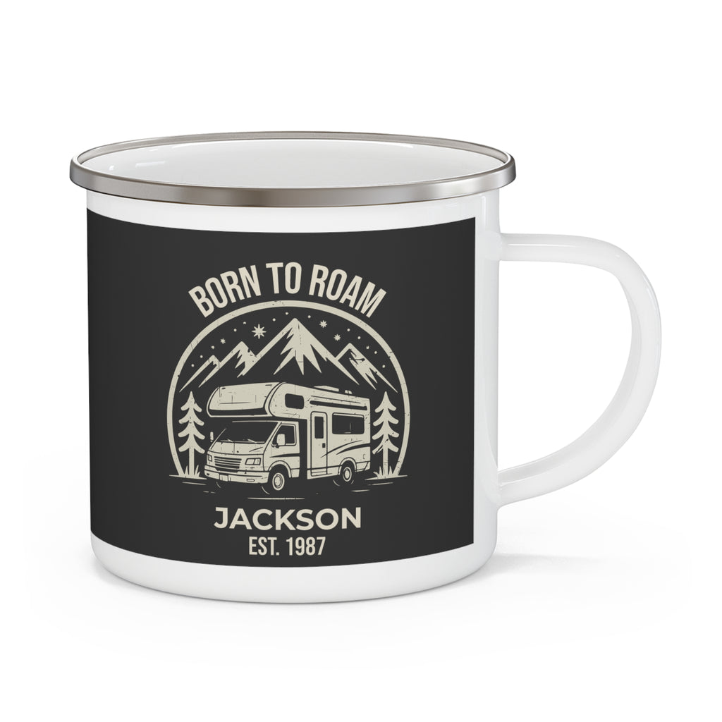 Born to Roam personalized white enamel mug with black-background RV and mountain design