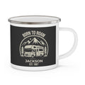 Born to Roam personalized white enamel mug with black-background RV and mountain design