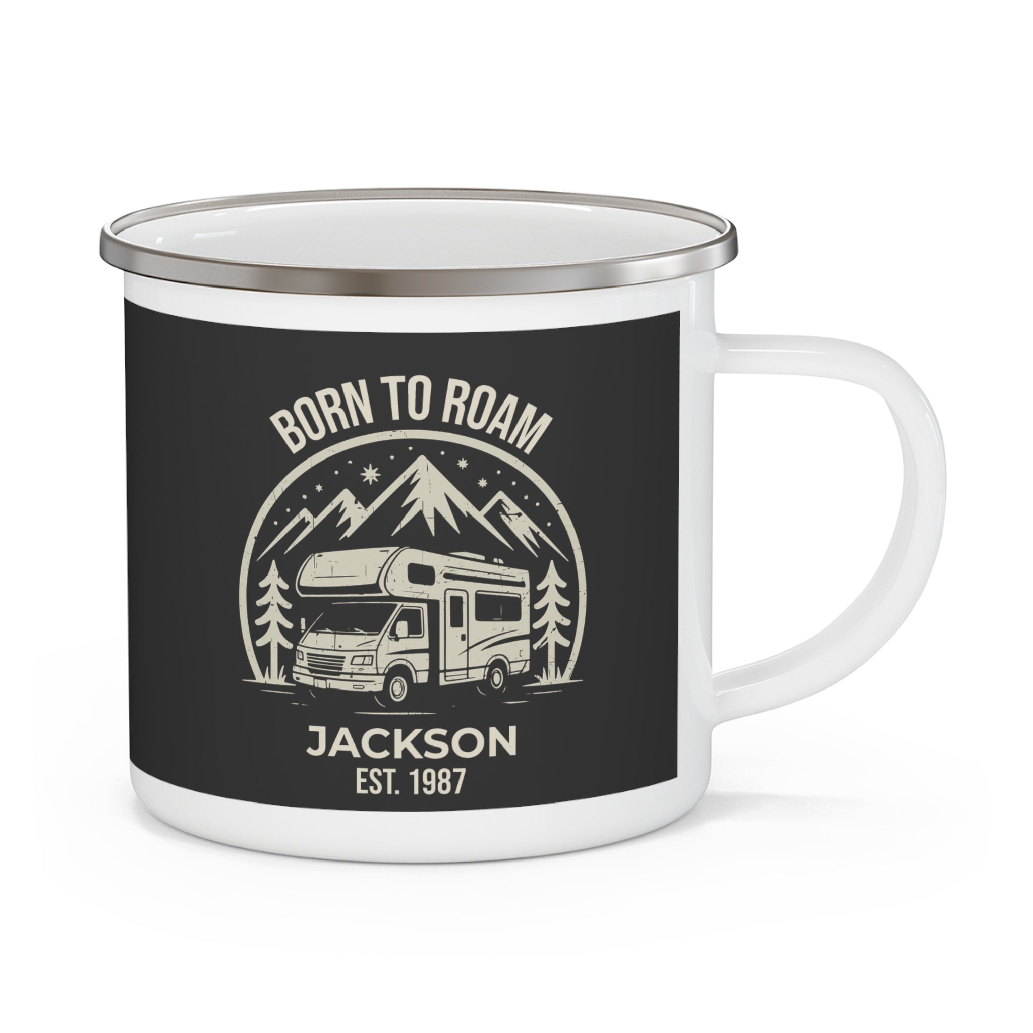 Born to Roam personalized white enamel mug with black-background RV and mountain design