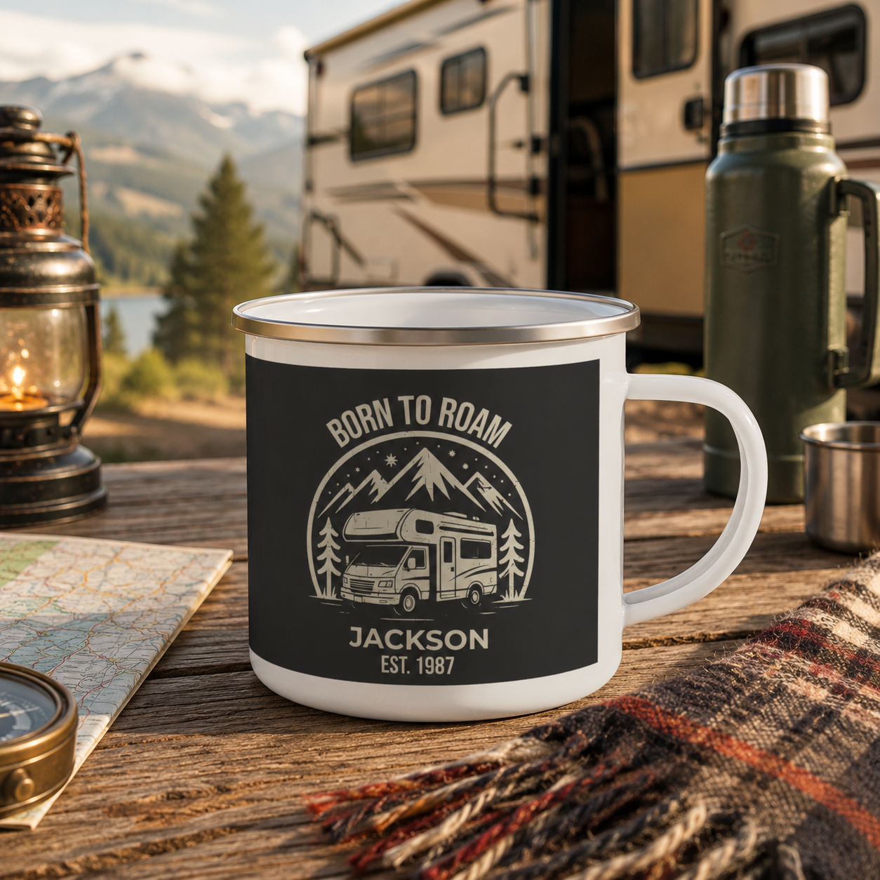 Born to Roam enamel mug mockup showing design placement