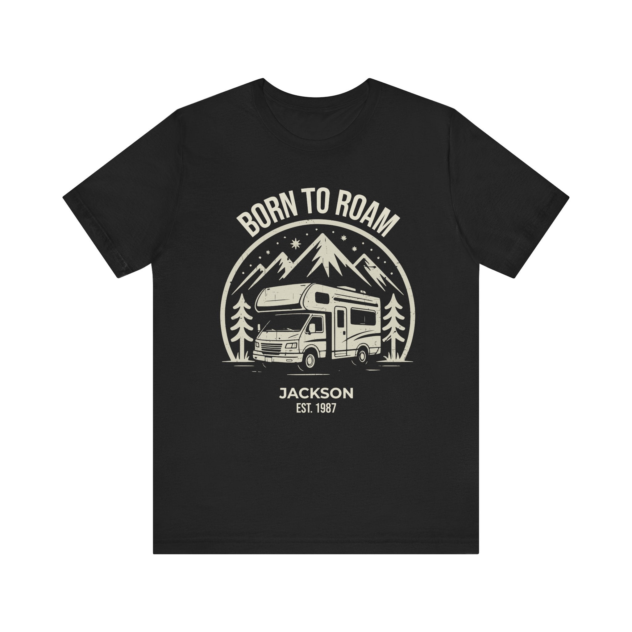 Born to Roam personalized camper van t-shirt in black with custom name and year