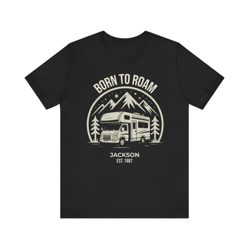 Born to Roam personalized camper van t-shirt in black with custom name and year