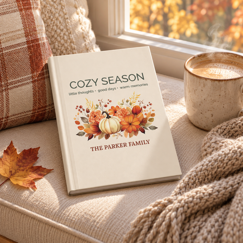 Personalized family name customization preview on the Cozy Season journal cover