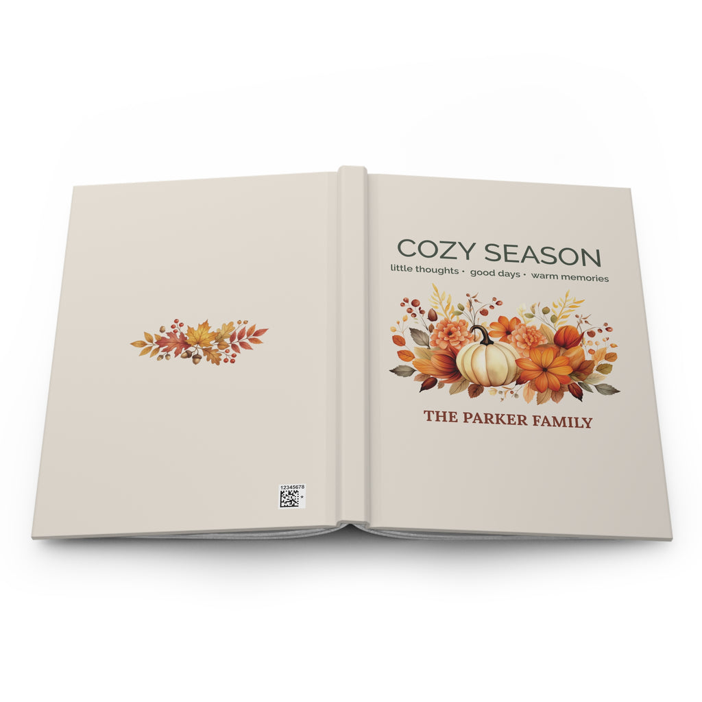 Cozy Season personalized journal displayed on a table with fall decor