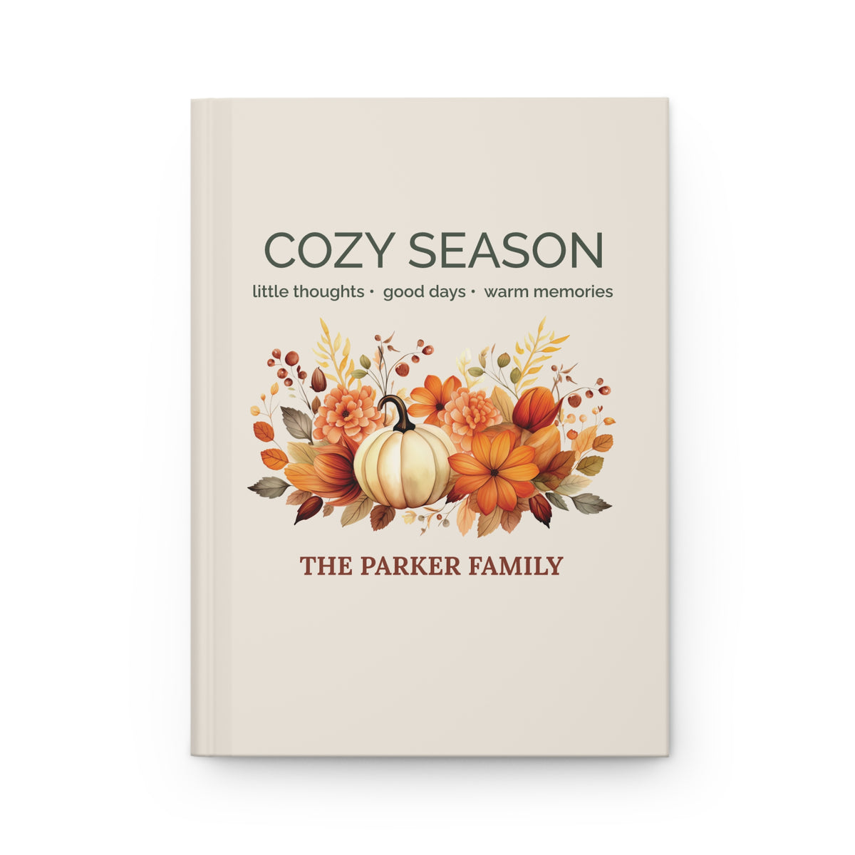 Cozy Season personalized hardcover journal with pumpkin design and family name