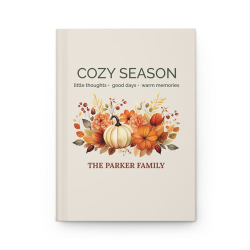 Cozy Season personalized hardcover journal with pumpkin design and family name