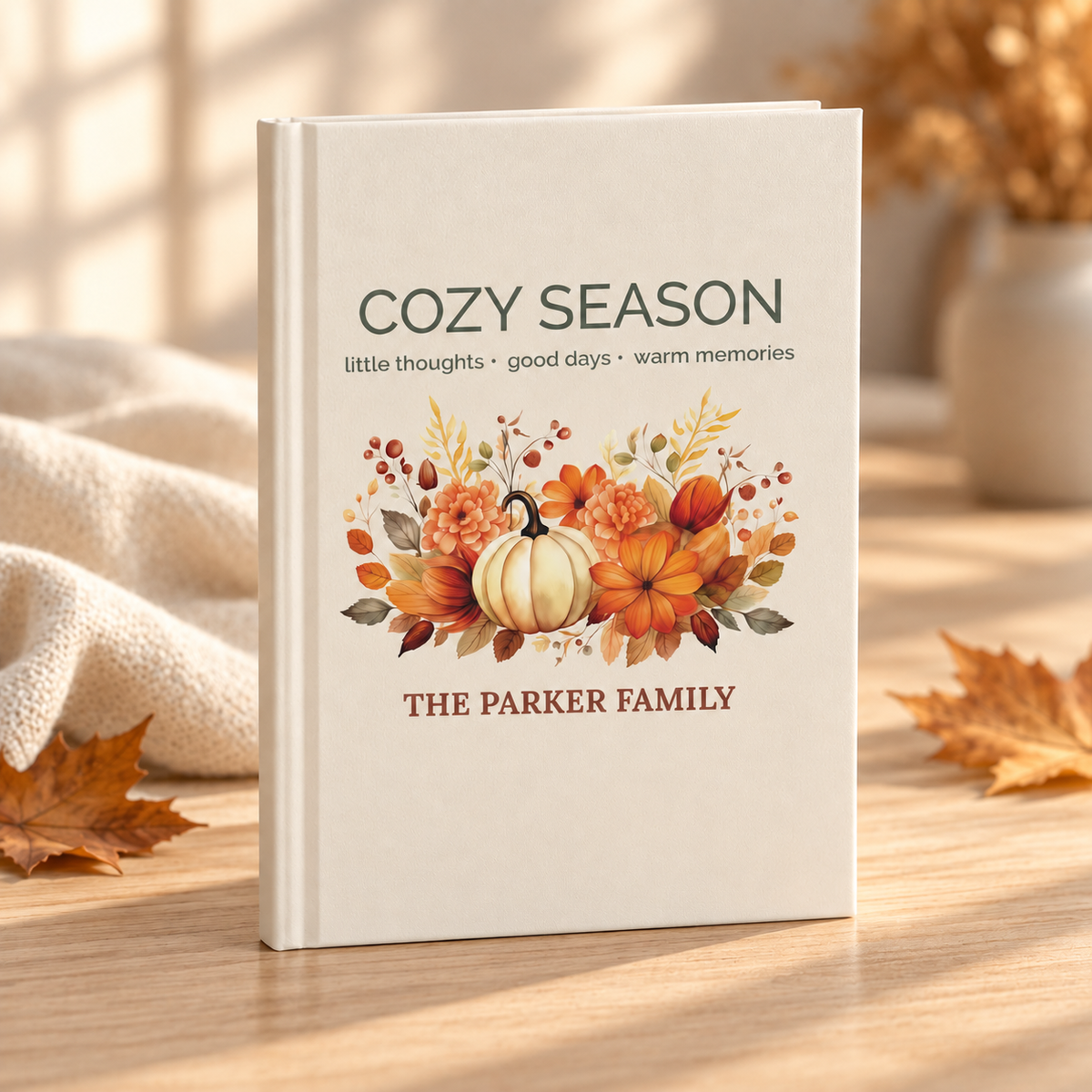 Cozy Season journal mockup showing pumpkin design placement