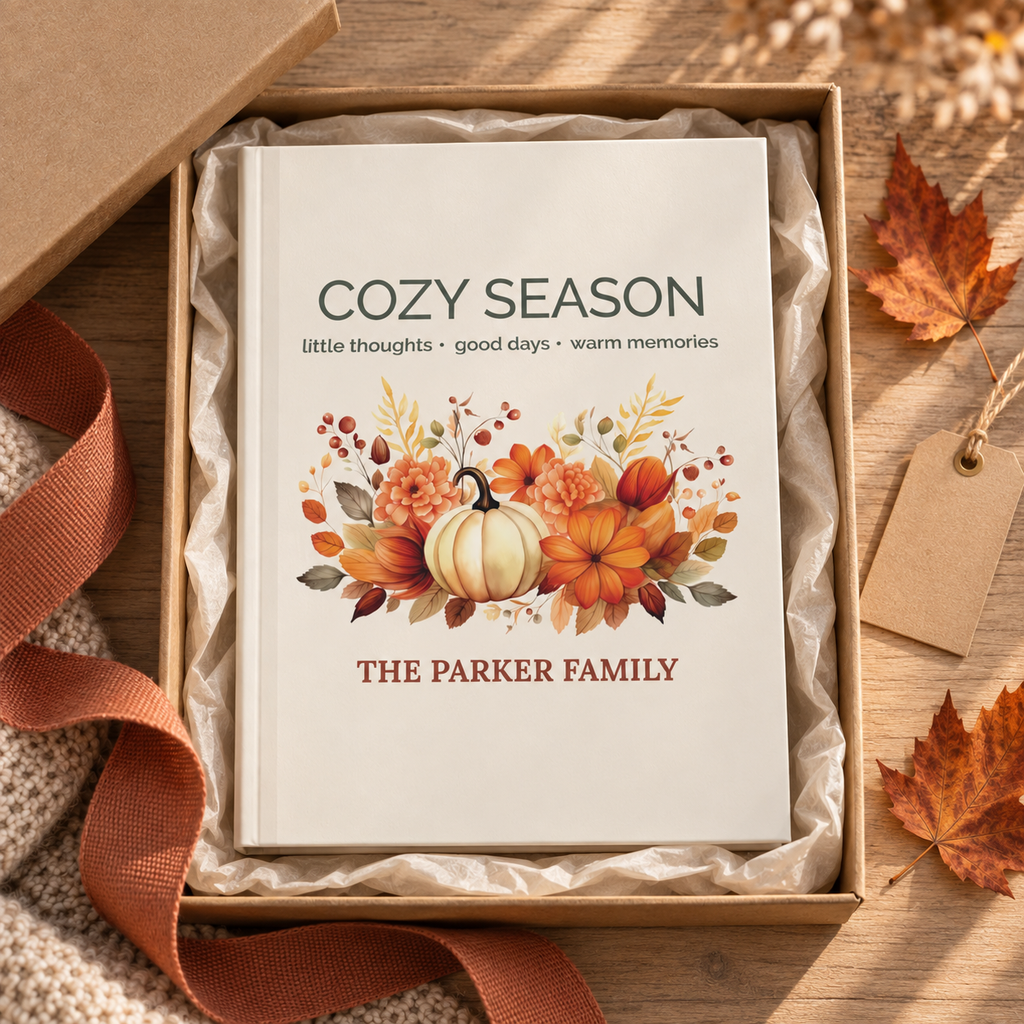Cozy Season journal open showing lined pages inside