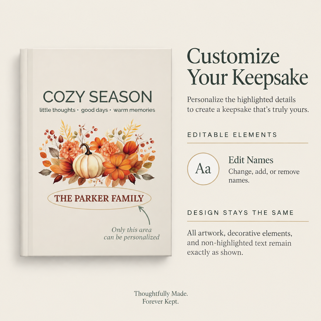 Cozy Season family journal size reference